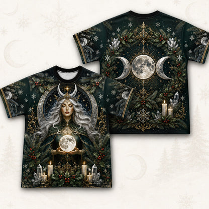 Yule Moon Goddess T-Shirt Evergreen Candle Winter Solstice Tee front and back together