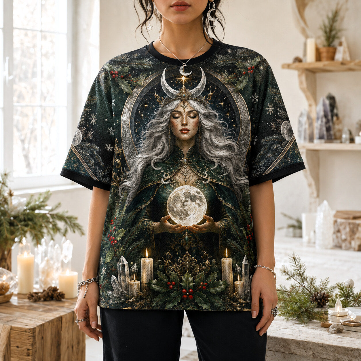 Yule Moon Goddess T-Shirt Evergreen Candle Winter Solstice Tee worn, front view