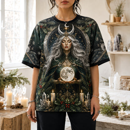 Yule Moon Goddess T-Shirt Evergreen Candle Winter Solstice Tee worn, front view