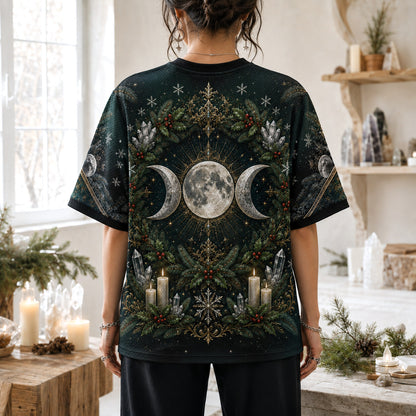 Yule Moon Goddess T-Shirt Evergreen Candle Winter Solstice Tee worn, back view