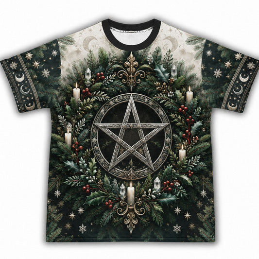 Yule Pentacle Wreath T-Shirt Evergreen Candle Winter Pagan Tee front view
