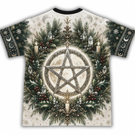 Yule Pentacle Wreath T-Shirt Evergreen Candle Winter Pagan Tee back view