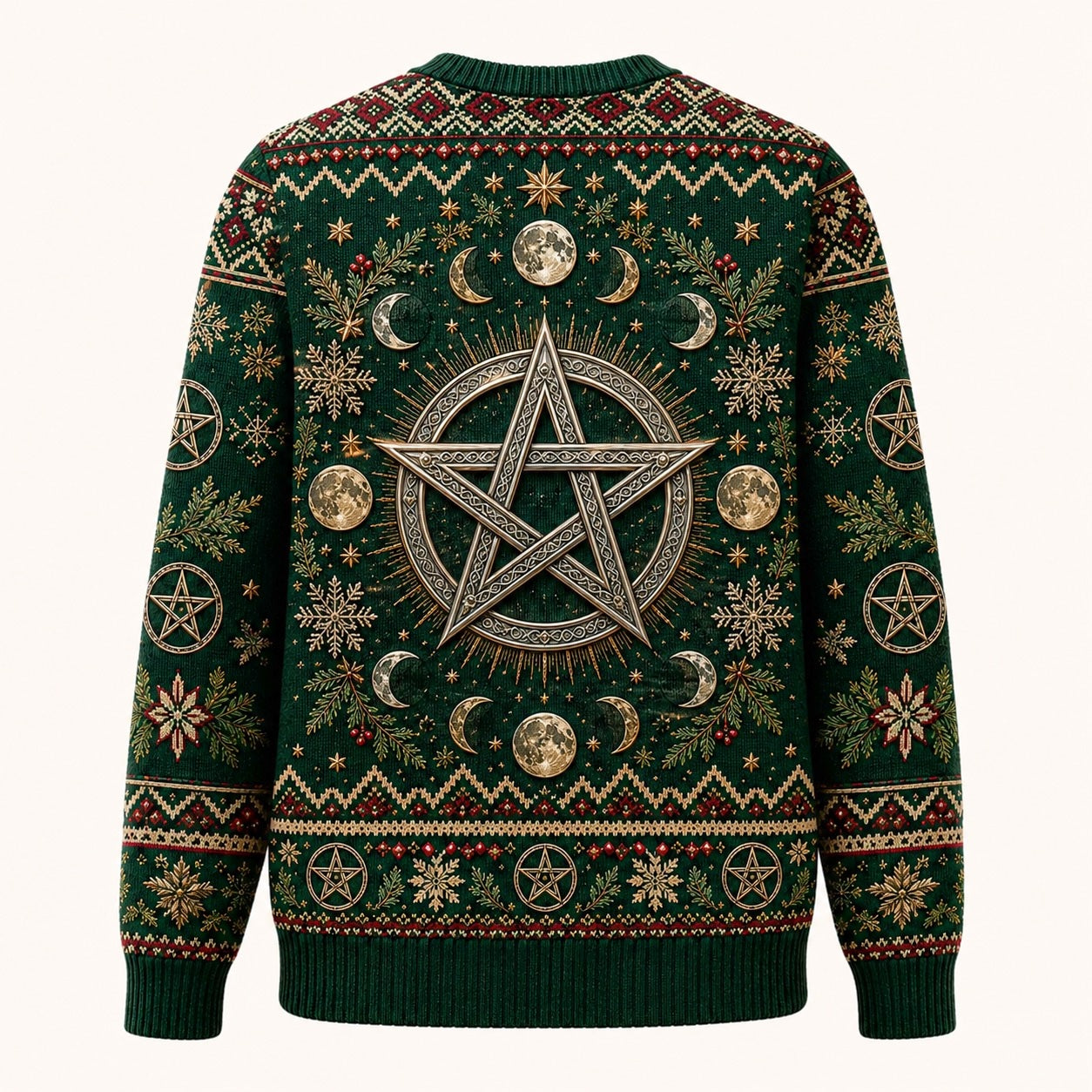 Yule Pentacle Sweater Fir Wreath Candle Winter Pagan Knit back view