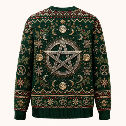 Yule Pentacle Sweater Fir Wreath Candle Winter Pagan Knit back view