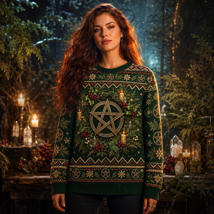 Yule Pentacle Sweater Fir Wreath Candle Winter Pagan Knit worn, front view