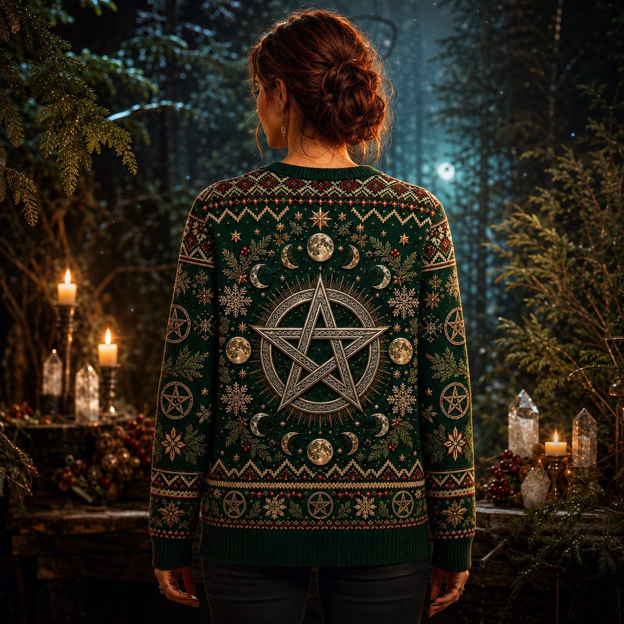 Yule Pentacle Sweater Fir Wreath Candle Winter Pagan Knit worn, back view