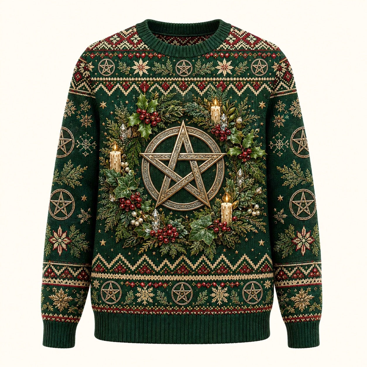 Yule Pentacle Sweater Fir Wreath Candle Winter Pagan Knit front view