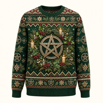 Yule Pentacle Sweater Fir Wreath Candle Winter Pagan Knit front view