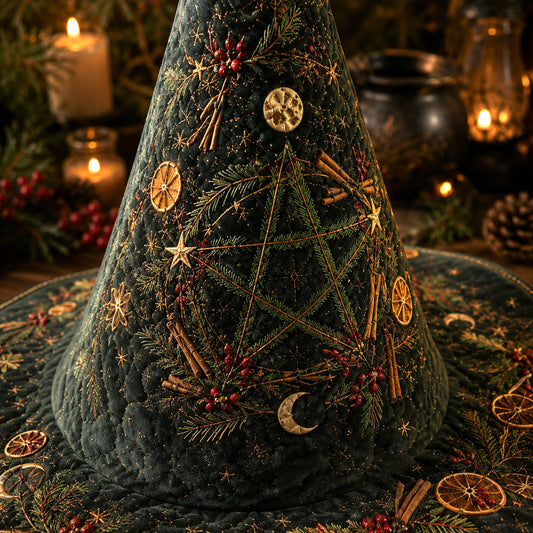 Yule Pentacle Witch Hat – Evergreen Solstice Wiccan Brim Hat – styled with candles and crystals