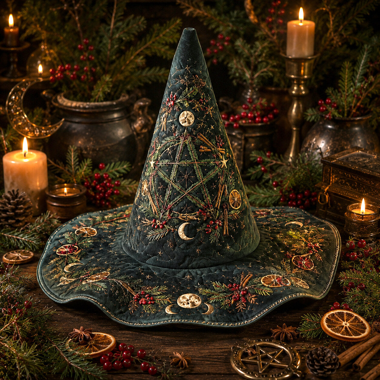 Yule Pentacle Witch Hat – Evergreen Solstice Wiccan Brim Hat – on an altar table