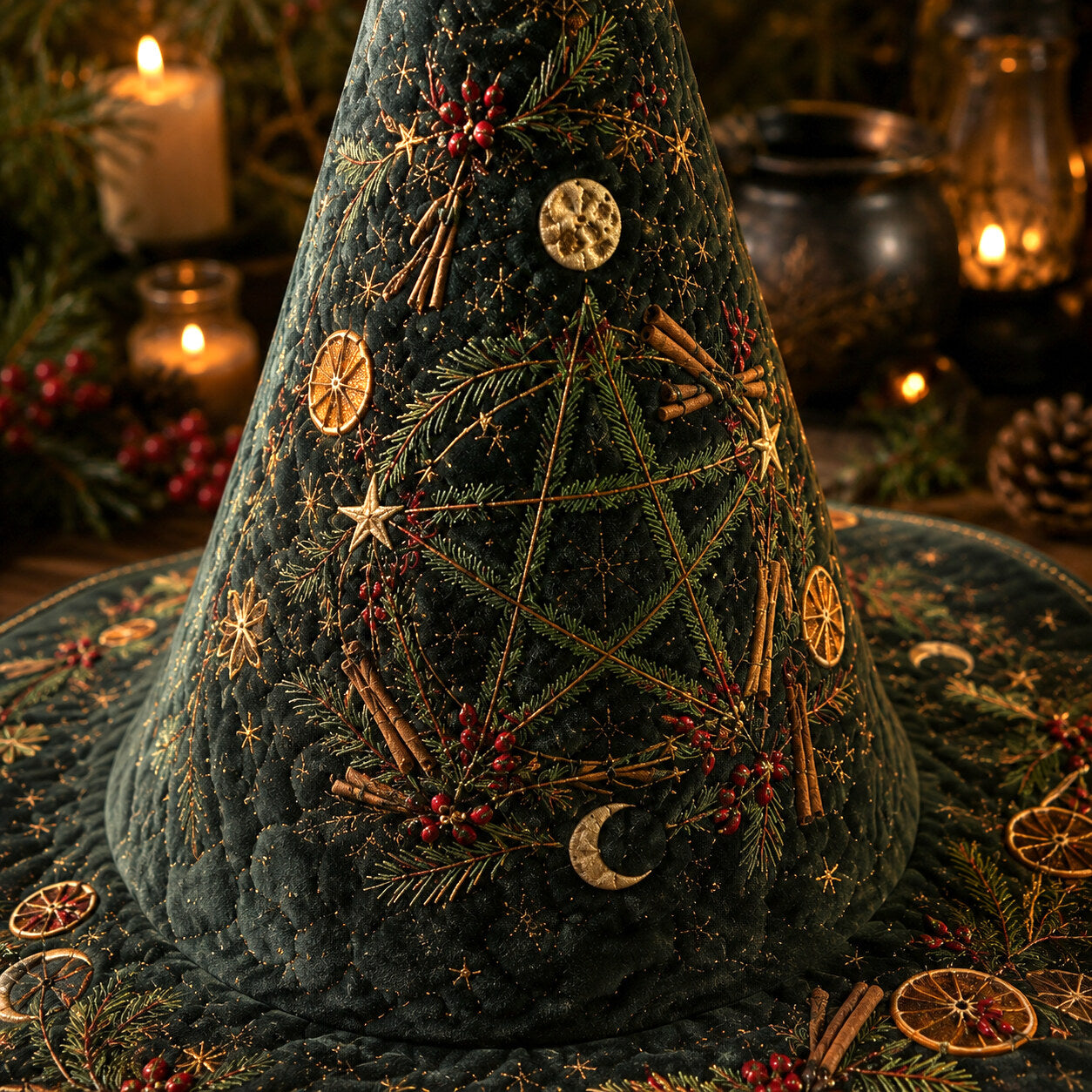 Yule Pentacle Witch Hat – Evergreen Solstice Wiccan Brim Hat – styled with candles and crystals