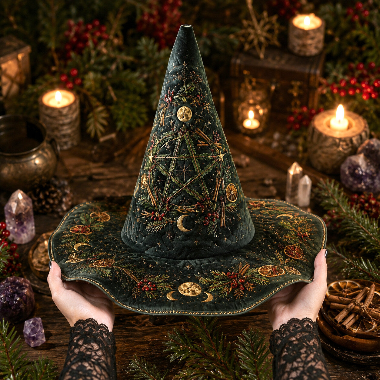 Yule Pentacle Witch Hat – Evergreen Solstice Wiccan Brim Hat – worn, front view