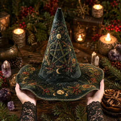 Yule Pentacle Witch Hat – Evergreen Solstice Wiccan Brim Hat – worn, front view