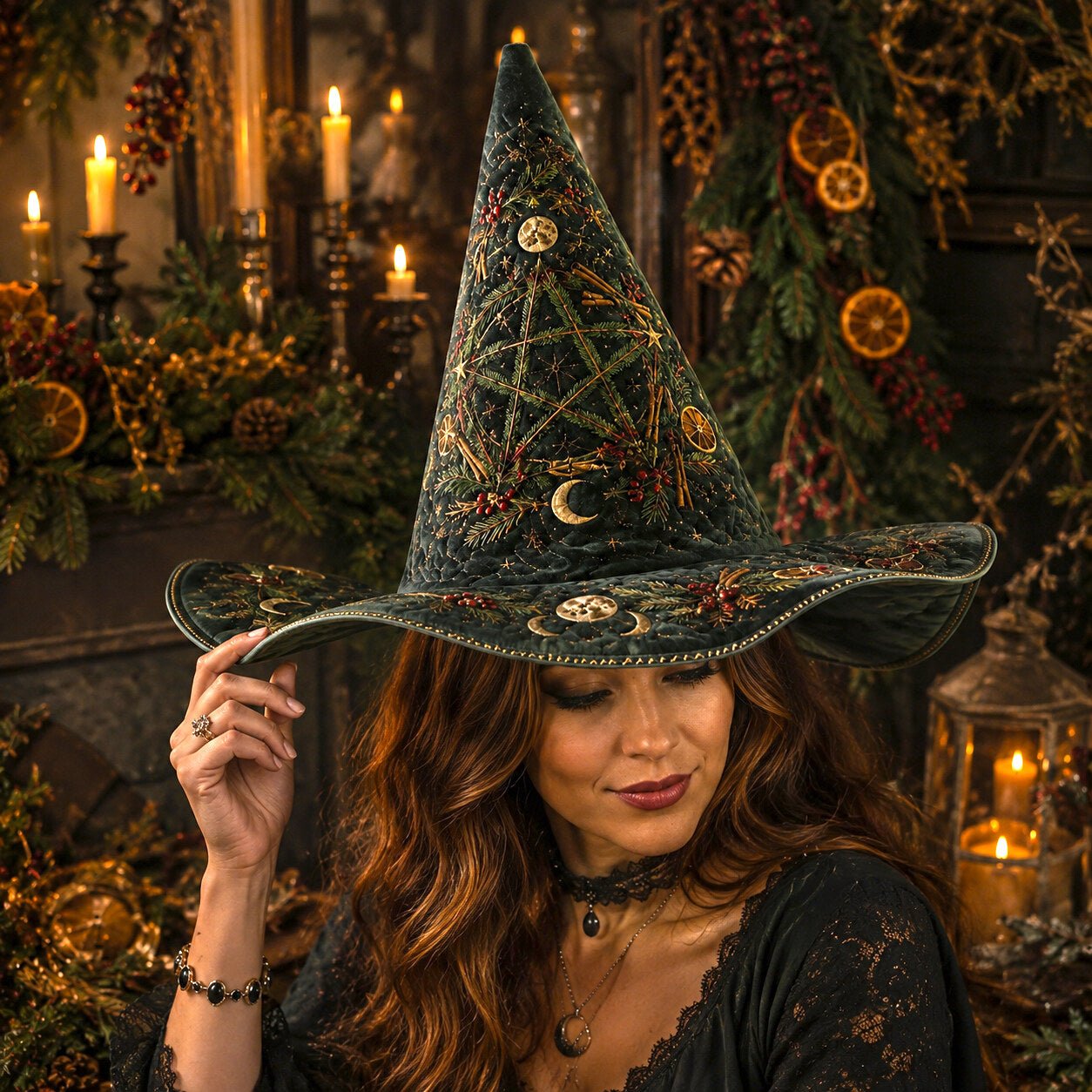 Yule Pentacle Witch Hat – Evergreen Solstice Wiccan Brim Hat – quilting and print detail