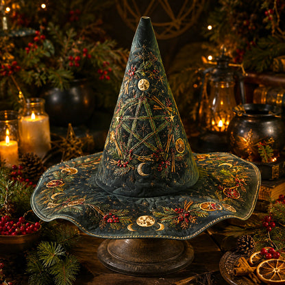 Yule Pentacle Witch Hat – Evergreen Solstice Wiccan Brim Hat – held in both hands