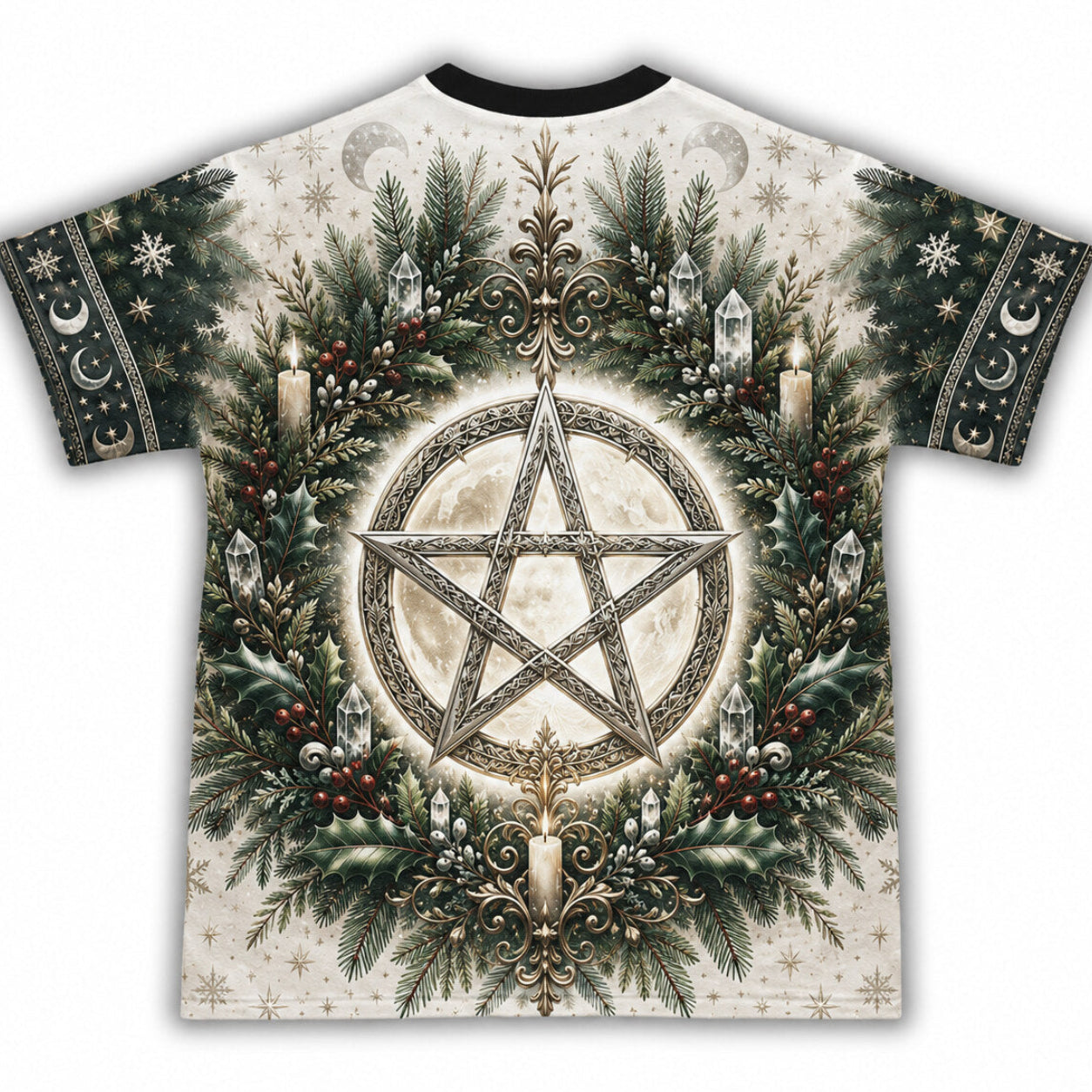 Yule Pentacle Wreath T-Shirt Evergreen Candle Winter Pagan Tee back view