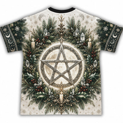 Yule Pentacle Wreath T-Shirt Evergreen Candle Winter Pagan Tee back view