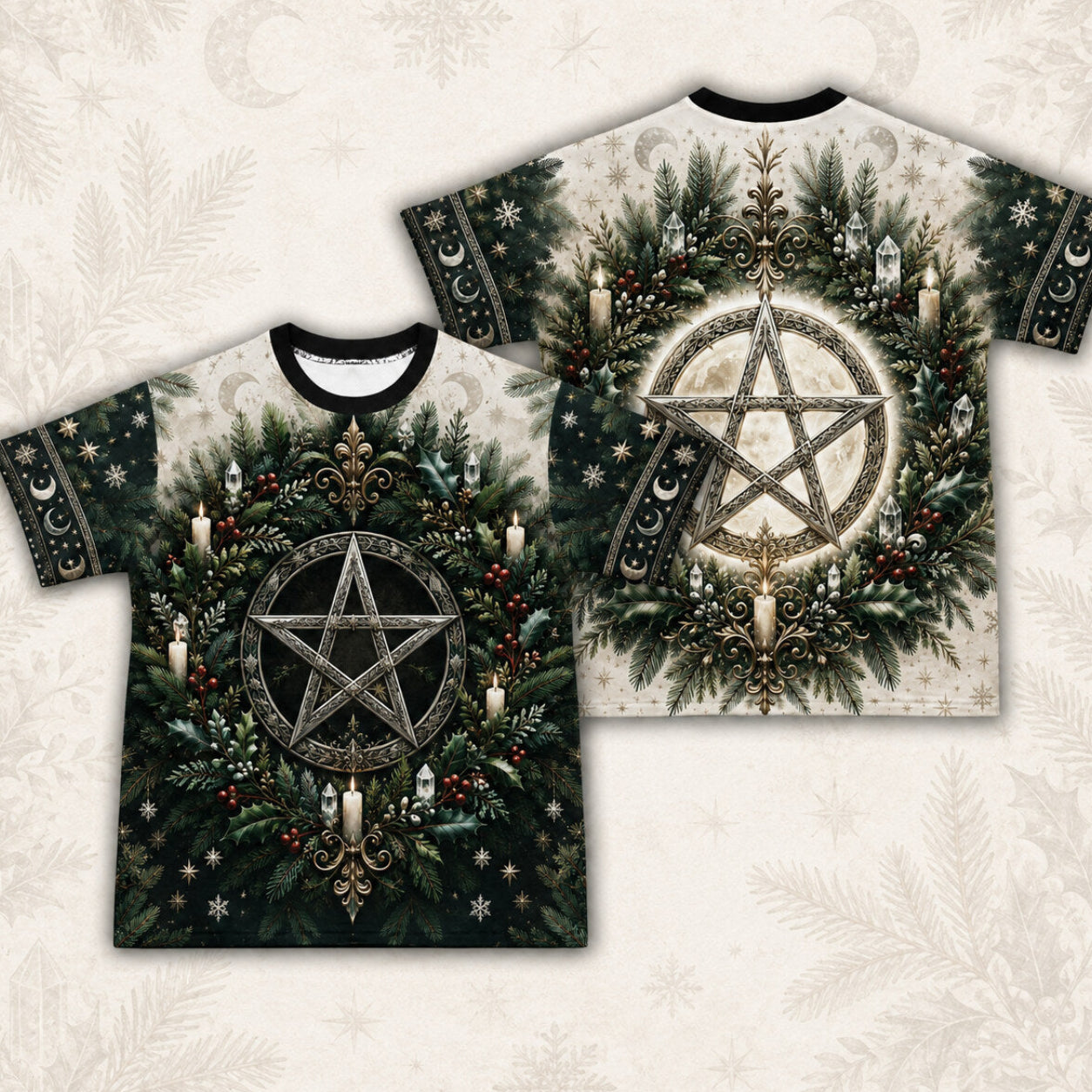 Yule Pentacle Wreath T-Shirt Evergreen Candle Winter Pagan Tee front and back together