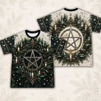 Yule Pentacle Wreath T-Shirt Evergreen Candle Winter Pagan Tee front and back together