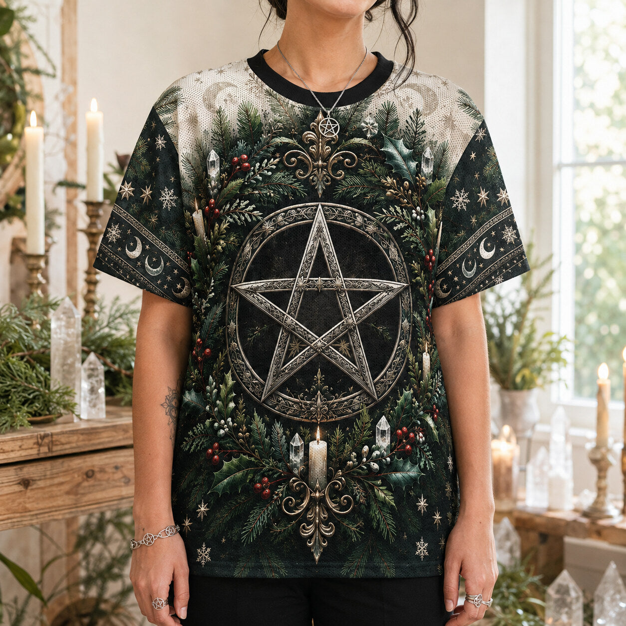 Yule Pentacle Wreath T-Shirt Evergreen Candle Winter Pagan Tee worn, front view
