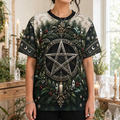 Yule Pentacle Wreath T-Shirt Evergreen Candle Winter Pagan Tee worn, front view