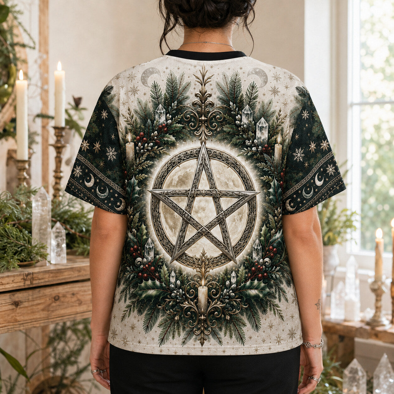 Yule Pentacle Wreath T-Shirt Evergreen Candle Winter Pagan Tee worn, back view