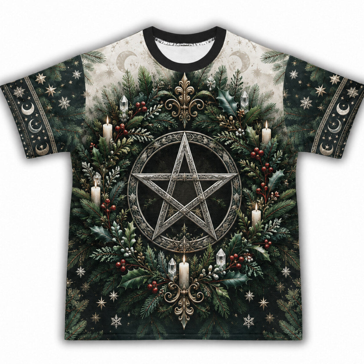 Yule Pentacle Wreath T-Shirt Evergreen Candle Winter Pagan Tee front view