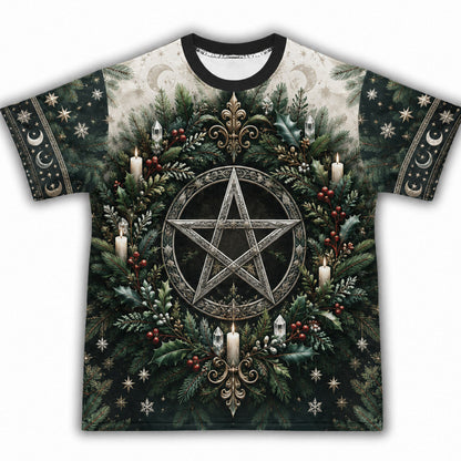 Yule Pentacle Wreath T-Shirt Evergreen Candle Winter Pagan Tee front view