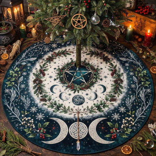 Dark blue velvet Yule tree skirt with white triple moon, pentagram, and botanical designs.
