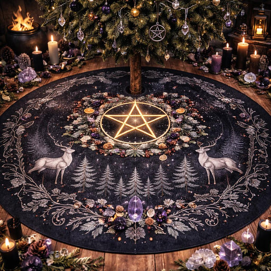 Dark gothic velvet tree skirt with glowing pentagram, deer, and winter forest design.
