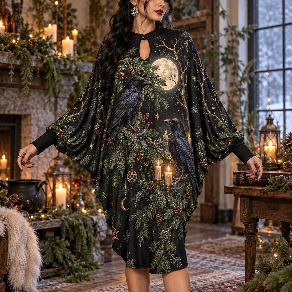 Yule Raven Moon Pagan Batwing Dress – Winter Witchy Evergreen Midi – worn, front view