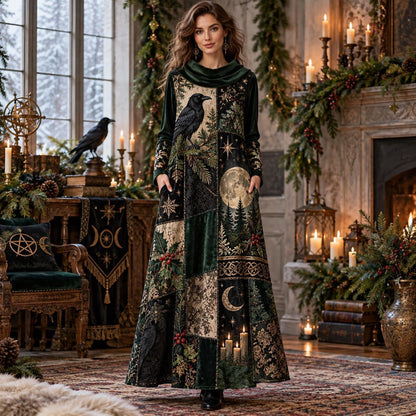 Yule Raven Pagan Cowl Neck Dress – Gothic Winter Evergreen Maxi – worn, front view