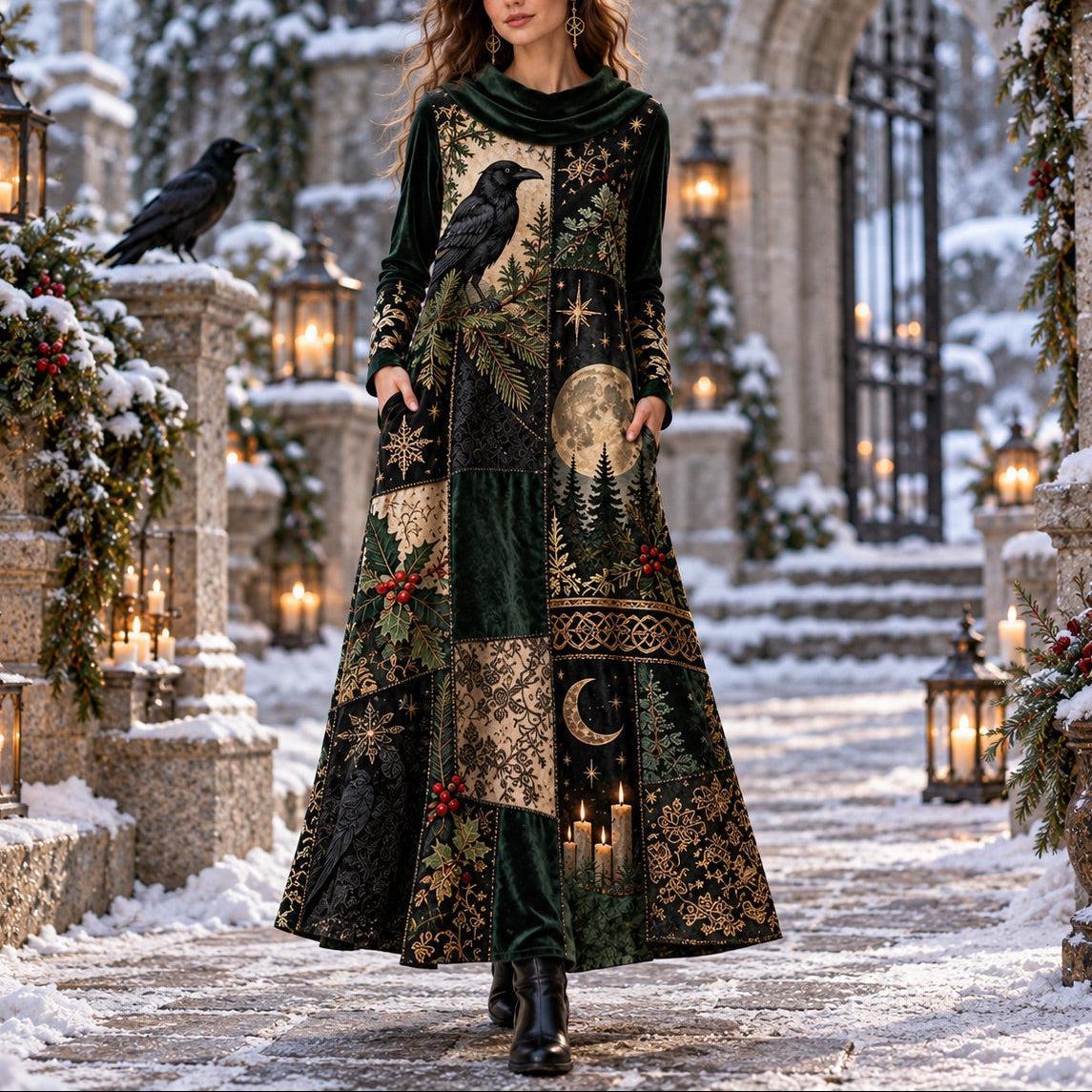 Yule Raven Pagan Cowl Neck Dress – Gothic Winter Evergreen Maxi – worn, in motion