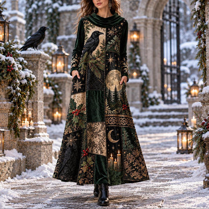 Yule Raven Pagan Cowl Neck Dress – Gothic Winter Evergreen Maxi – worn, in motion