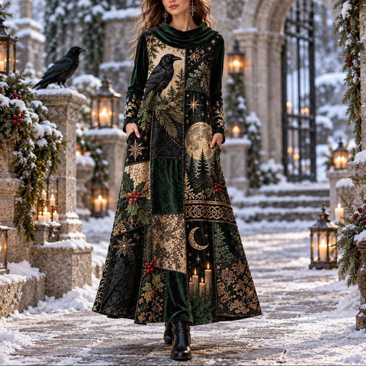 Yule Raven Pagan Cowl Neck Dress – Gothic Winter Evergreen Maxi – worn, in motion