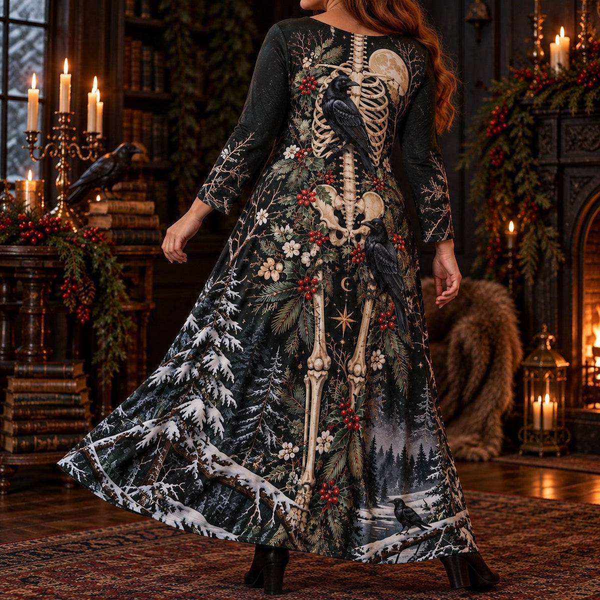 Yule Raven Plus Size Pagan Dress – Winter Skeleton Long Sleeve Maxi – worn, in motion