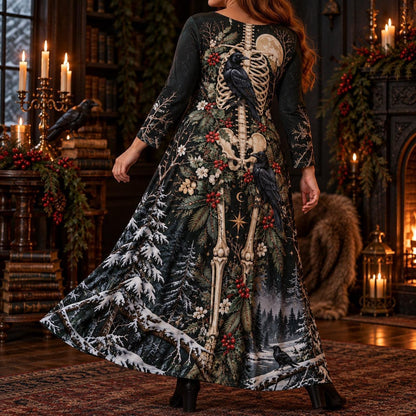 Yule Raven Plus Size Pagan Dress – Winter Skeleton Long Sleeve Maxi – worn, in motion