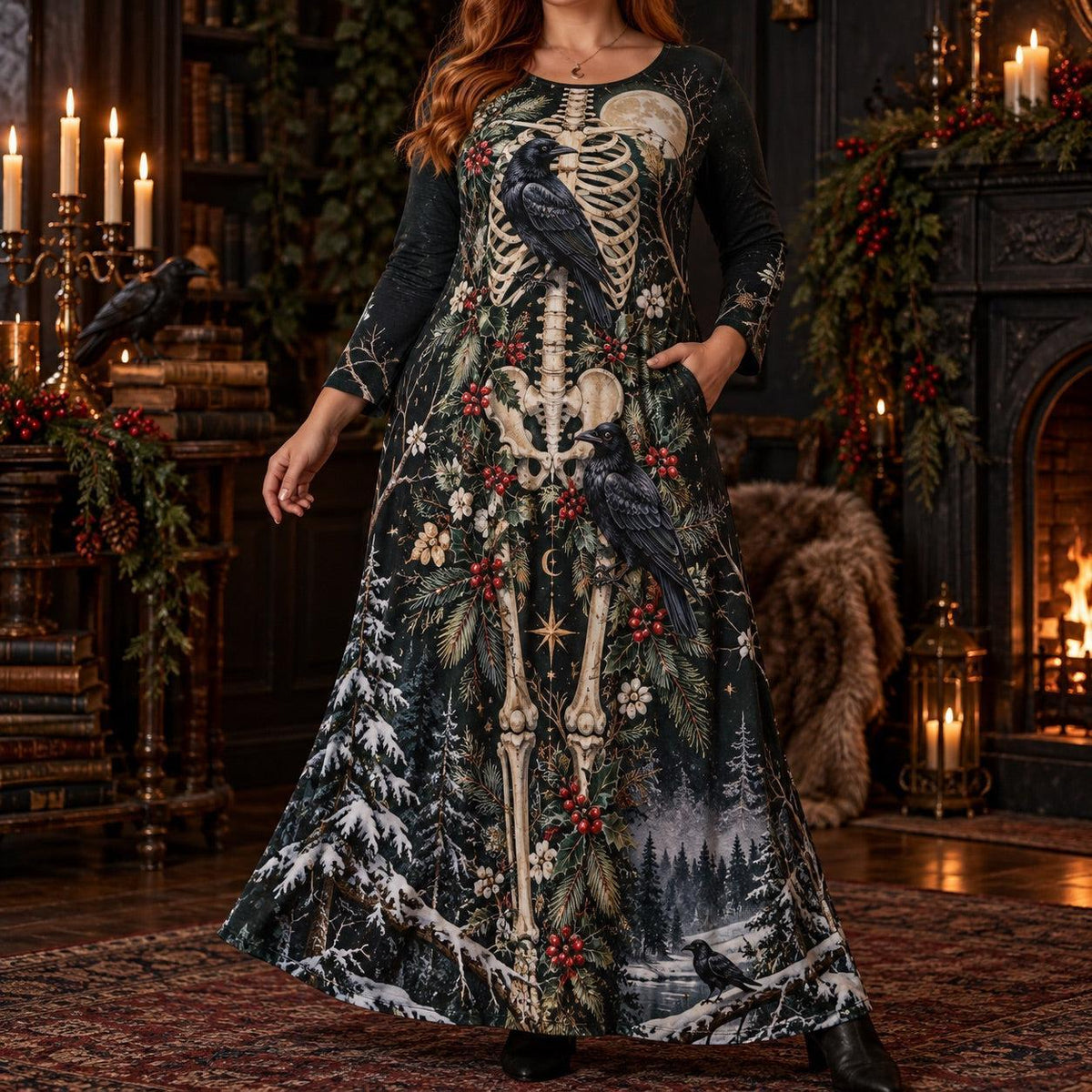 Yule Raven Plus Size Pagan Dress – Winter Skeleton Long Sleeve Maxi – worn, front view