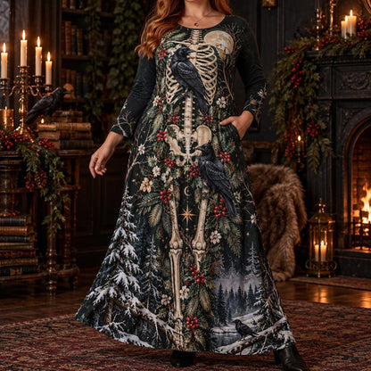 Yule Raven Plus Size Pagan Dress – Winter Skeleton Long Sleeve Maxi – worn, front view