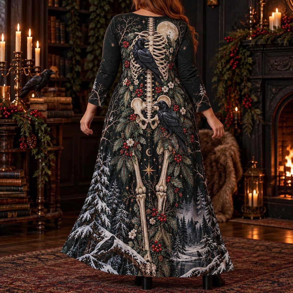 Yule Raven Plus Size Pagan Dress – Winter Skeleton Long Sleeve Maxi – worn, back view