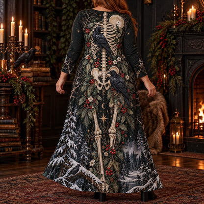Yule Raven Plus Size Pagan Dress – Winter Skeleton Long Sleeve Maxi – worn, back view