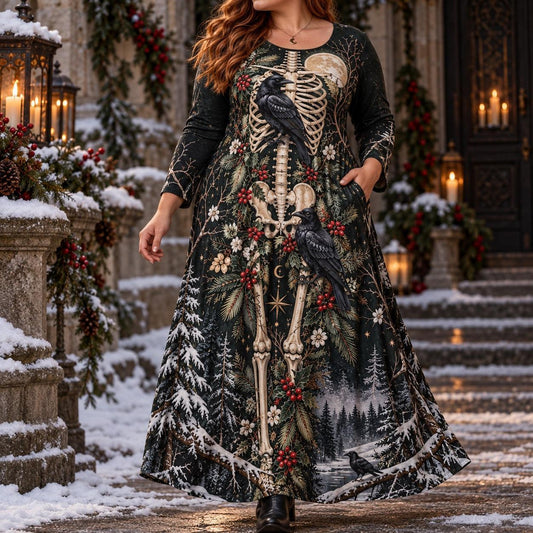 Yule Raven Plus Size Pagan Dress – Winter Skeleton Long Sleeve Maxi – worn, three quarter view