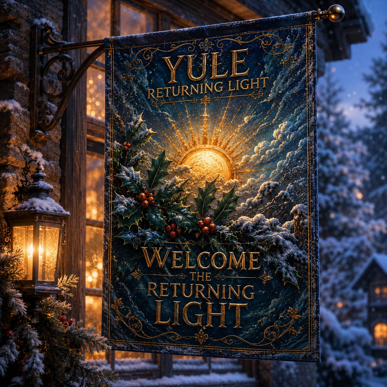 Close-up of Yule Returning Light house flag showing winter pagan artwork