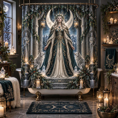 Yule Shower Curtain - Moon Goddess Pagan Winter Wolf Decor