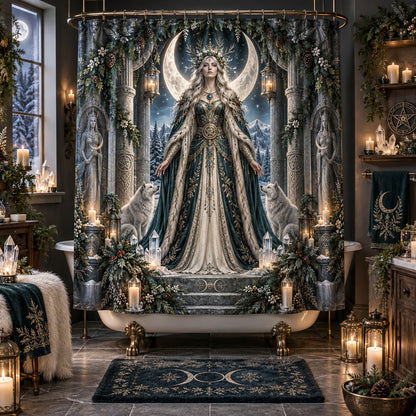 Yule Shower Curtain - Moon Goddess Pagan Winter Wolf Decor