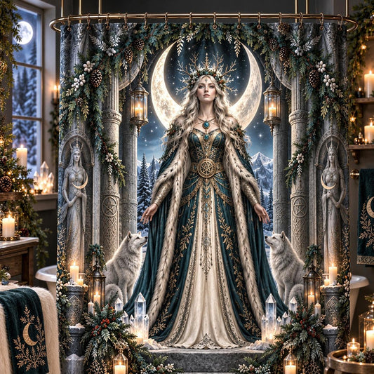 Yule Shower Curtain - Moon Goddess Pagan Winter Wolf Decor