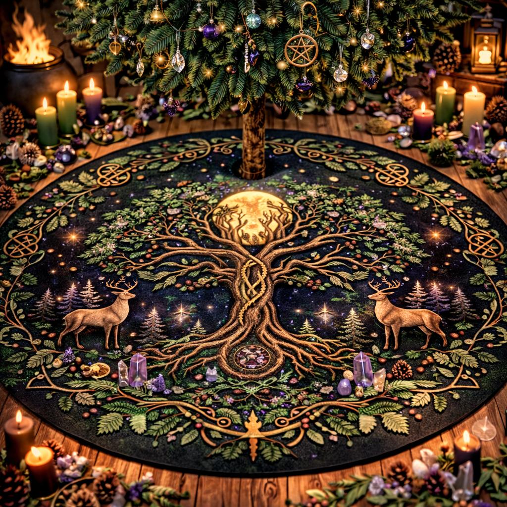 Dark velvet Yule tree skirt with a glowing Tree of Life, full moon, deer, and Celtic knot border.
