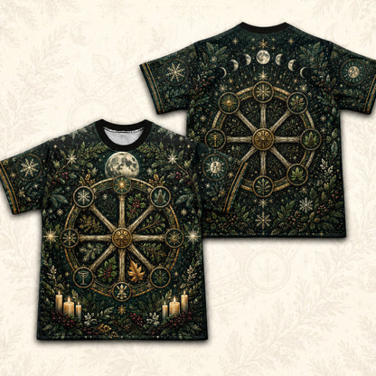 Yule Wheel Of The Year T-Shirt Evergreen Candle Sabbat Pagan Tee front and back together