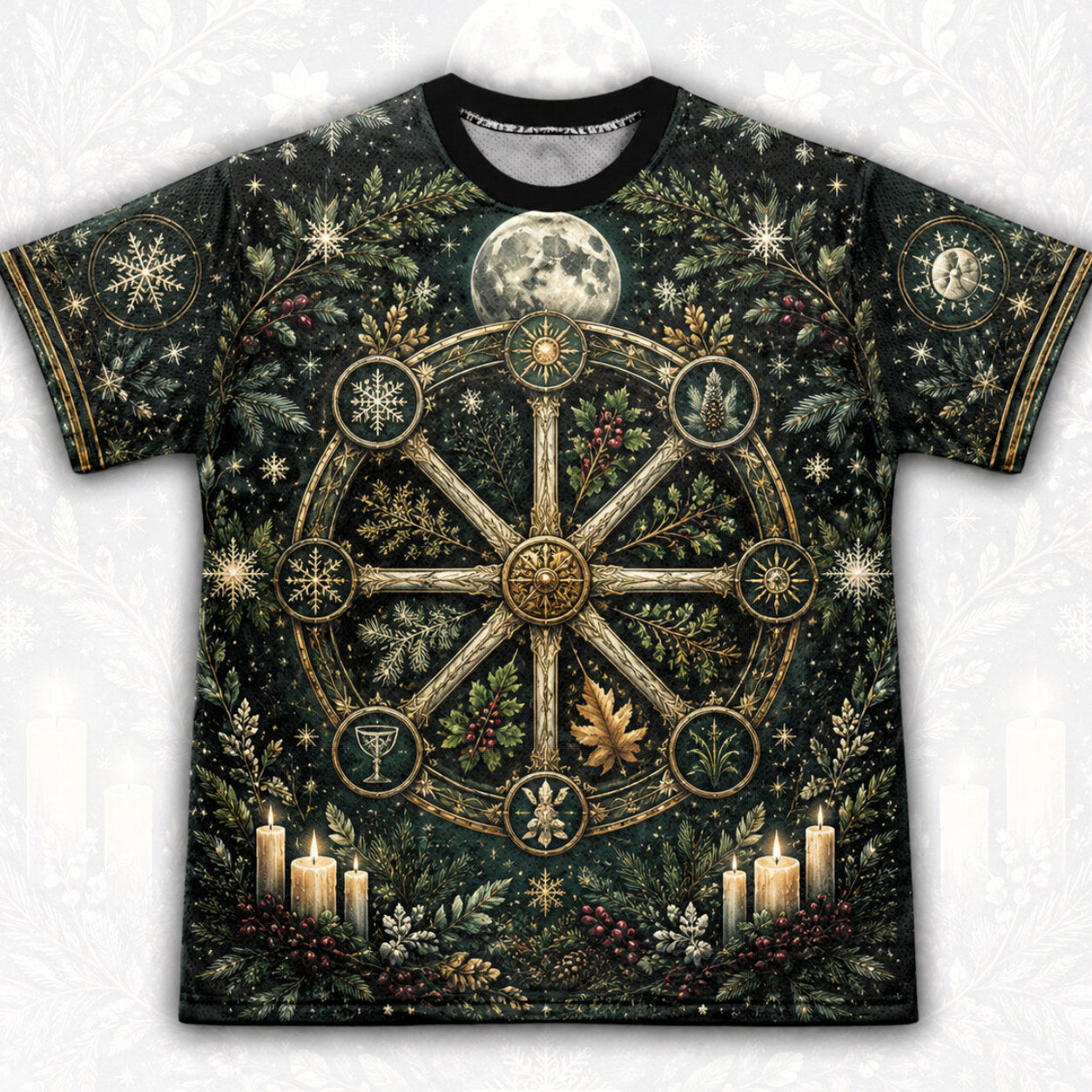 Yule Wheel Of The Year T-Shirt Evergreen Candle Sabbat Pagan Tee front view