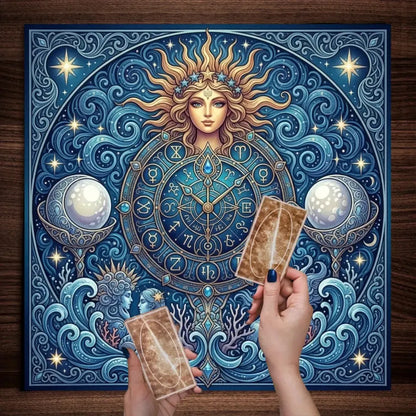 Deep blue zodiac mandala tarot mat with crystal spheres – Pagan astrology altar cloth